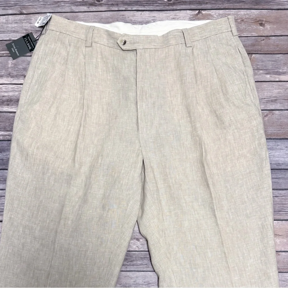 Jos A Bank Beige White Linen Woven Pleated Cuffed Dress Pants New 40 X 30